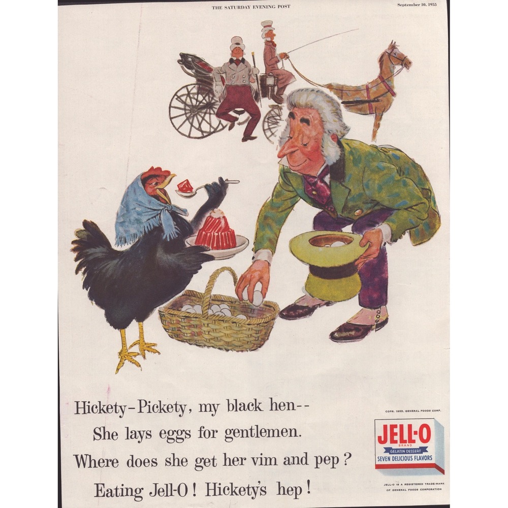 Vintage 1955 Jell-O Print Ad Saturday Evening Post Hickety-Pickety Black Hen